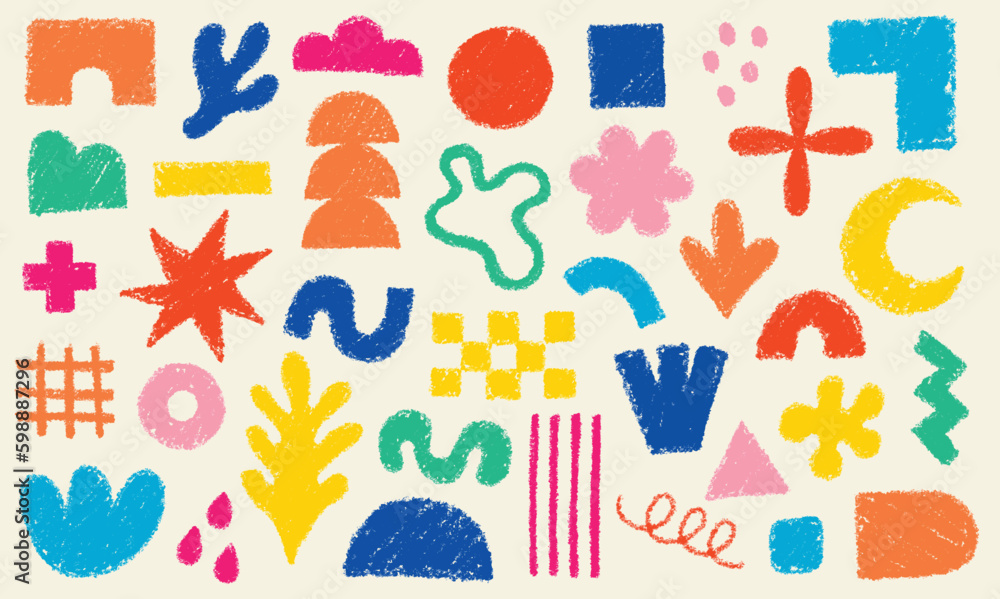 Big set of hand drawn various shapes and doodles pattern design elements. Abstract contemporary modern vector illustration in color pencil style.