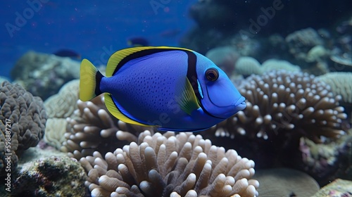 Blue tang in ocean corals in clear blue water Generative AI