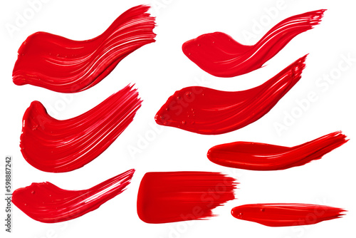 a set of strokes of red paint on a white background.