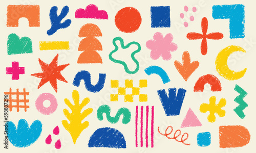 Big set of hand drawn various shapes and doodles pattern design elements. Abstract contemporary modern vector illustration in color pencil style.