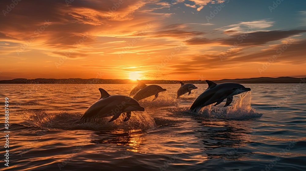 Fototapeta premium Dolphins jumping on sunset background Generative AI