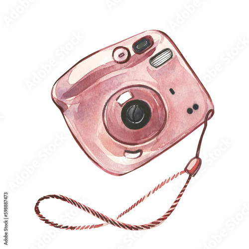 Compact pink instant photo camera isolated on white background. Watercolor handrawn illustration. Art for fashion design