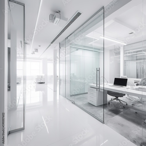 Interior of a white and glass workplace. generative AI
