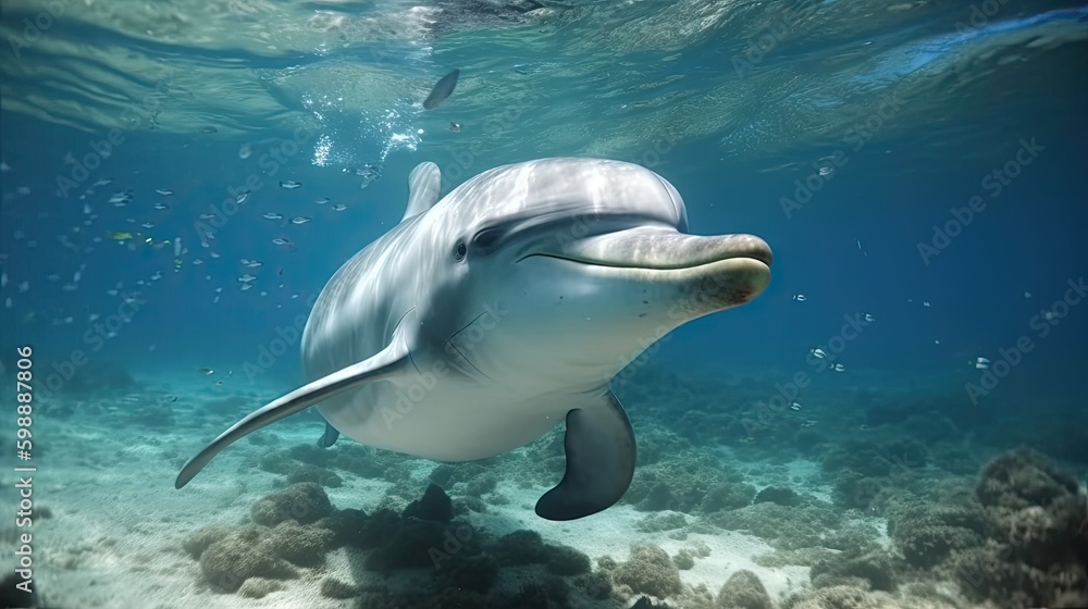 Fototapeta premium dolphin underwater on blue ocean background Generative AI