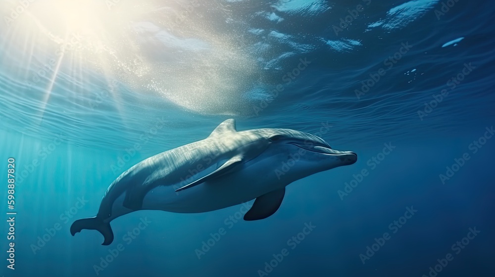 Fototapeta premium dolphin underwater on blue ocean background Generative AI