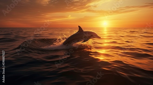 Dolphins jumping on sunset background Generative AI © Sandris_ua