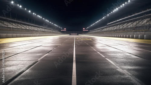 Asphalt racing track finish line and illuminated race sport stadium at night. Generative Ai © Malika