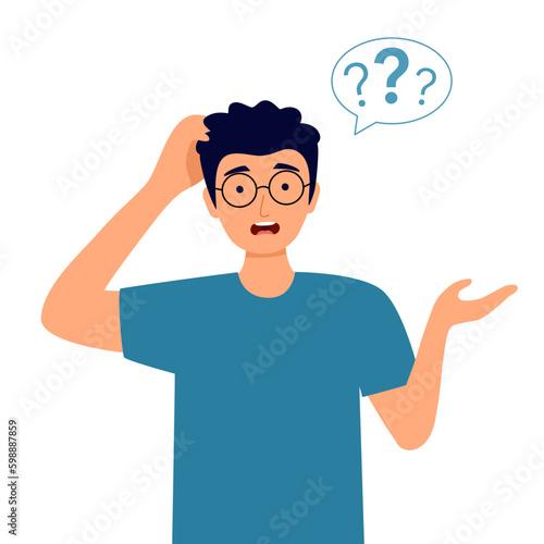 Confused man scratching his head with question mark in flat design on white background.