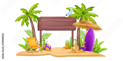 3D beach sign post, vector summer board vacation travel frame, exotic palm tree, sand castle, gull. Tropical ocean copy space wood billboard, surfboard, sun umbrella holiday coast concept. Beach sign