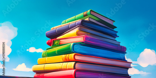 a stack of colorful books against a blue sky