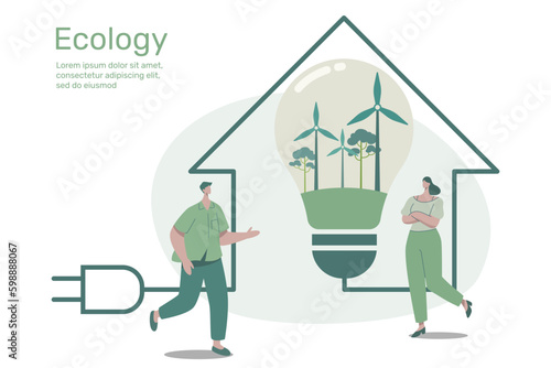 Wind turbine in light bulb with outline green home, city life ecology concept nature conservation on earth, environmental with sustainable, Vector design illustration.