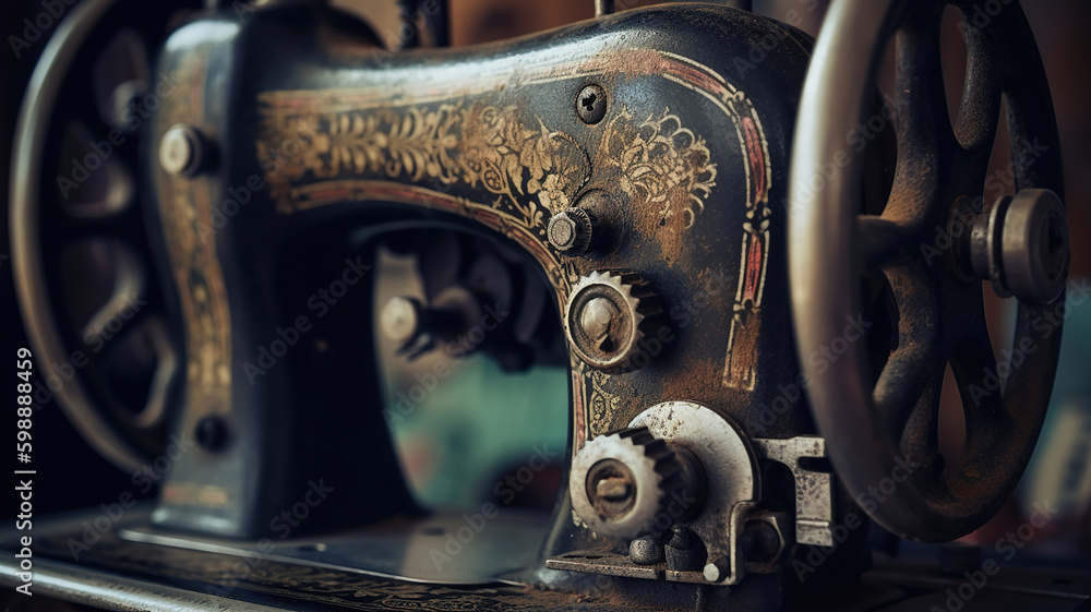 Old sewing machine closeup. Generative Ai