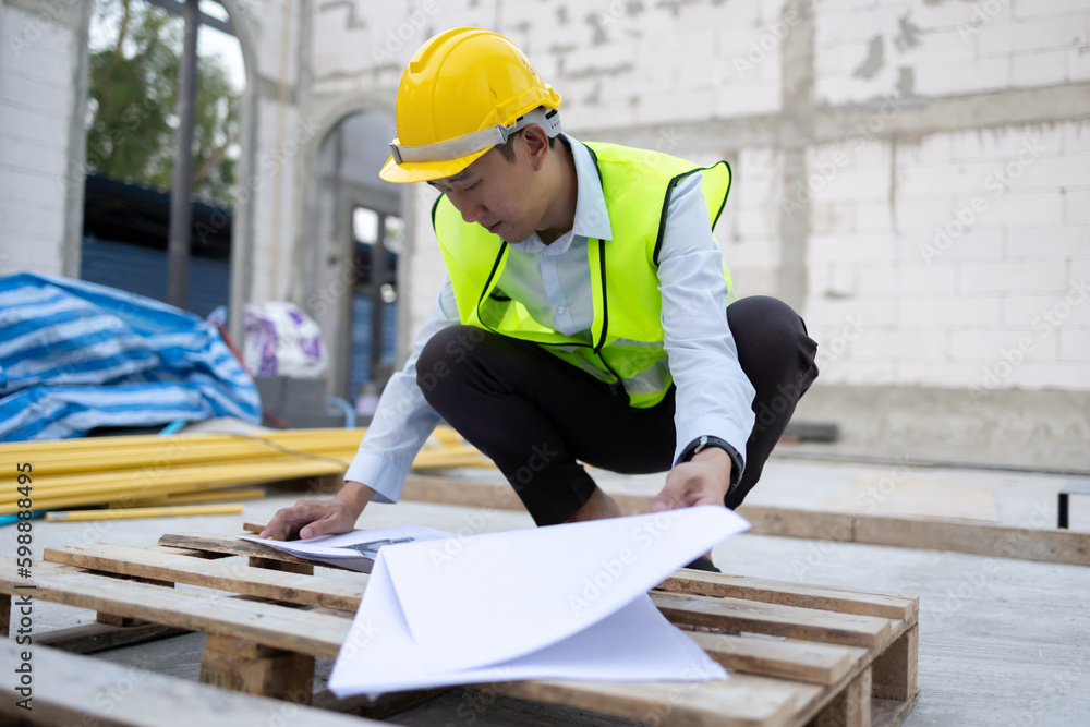 Young Asian engineer in engineering uniform and helmet at construction ...