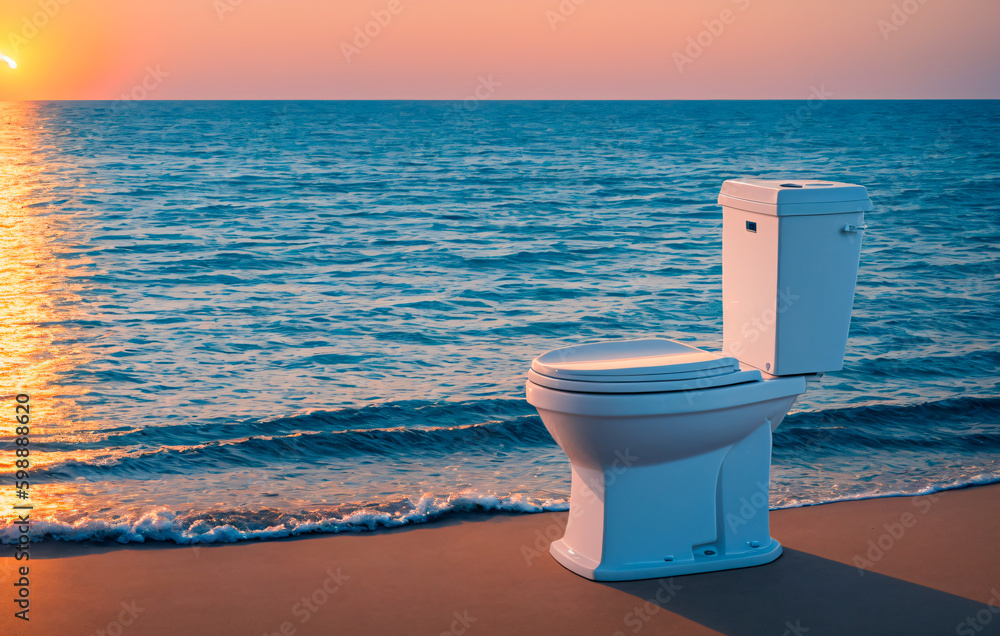 Wc, toilet located on the beach next to the ocean at sunset or dawn with the sun setting over the ocean. Generative AI. Wc, toilet located on the beach next to the ocean at sunset or dawn with the sun setting over the ocean. Generative AI.