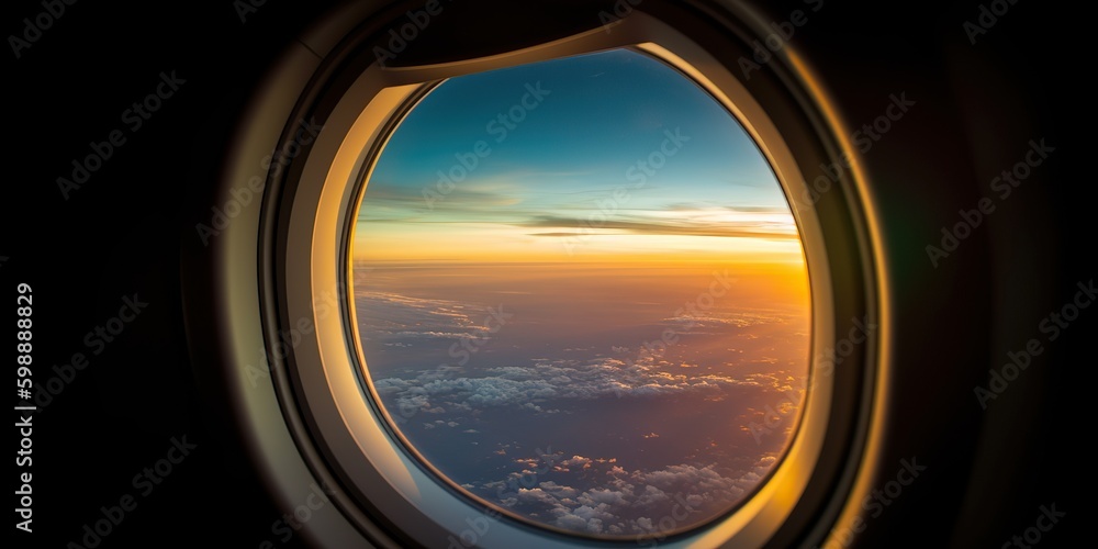 AI Generated. AI Generative. Photo realistic illustration of clouds above sky up in the air view through the air plane aircraft window. Adventure travel vacation vibe. Graphic Art AI Generated. AI Generative. Photo realistic illustration of clouds above sky up in the air view through the air plane aircraft window. Adventure travel vacation vibe. Graphic Art