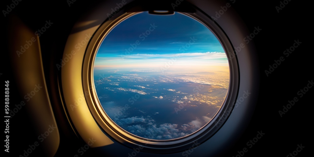 AI Generated. AI Generative. Photo realistic illustration of clouds above sky up in the air view through the air plane aircraft window. Adventure travel vacation vibe. Graphic Art AI Generated. AI Generative. Photo realistic illustration of clouds above sky up in the air view through the air plane aircraft window. Adventure travel vacation vibe. Graphic Art
