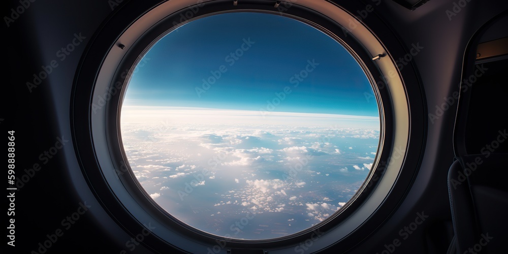 AI Generated. AI Generative. Photo realistic illustration of clouds above sky up in the air view through the air plane aircraft window. Adventure travel vacation vibe. Graphic Art
