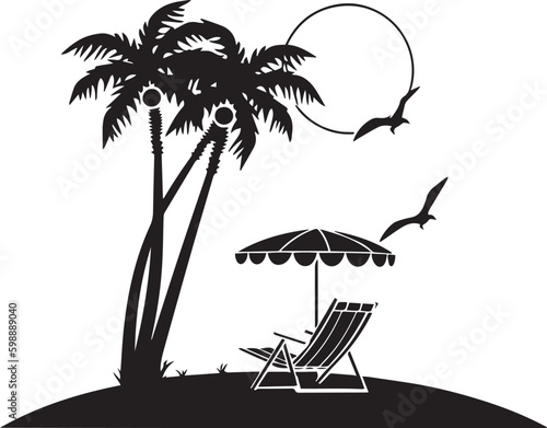Summer landscape of palm trees  sun beds  beach umbrella  vector Illustration  SVG