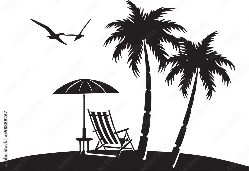 Summer landscape of palm trees, sun beds, beach umbrella, vector Illustration, SVG
