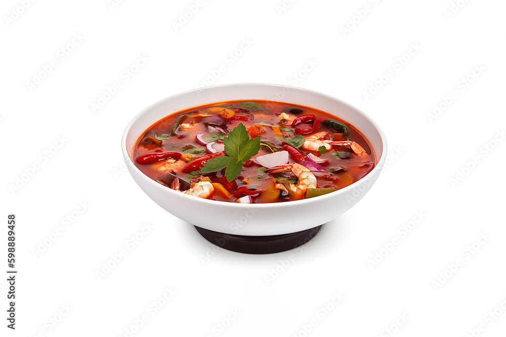 Delicious a bowl of Thai soup Tom Yam Kung with shrimps and clams isolated on white background. Created with Generative AI Technology