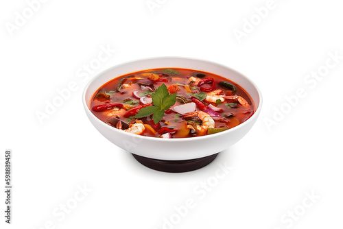 Delicious a bowl of Thai soup Tom Yam Kung with shrimps and clams isolated on white background. Created with Generative AI Technology