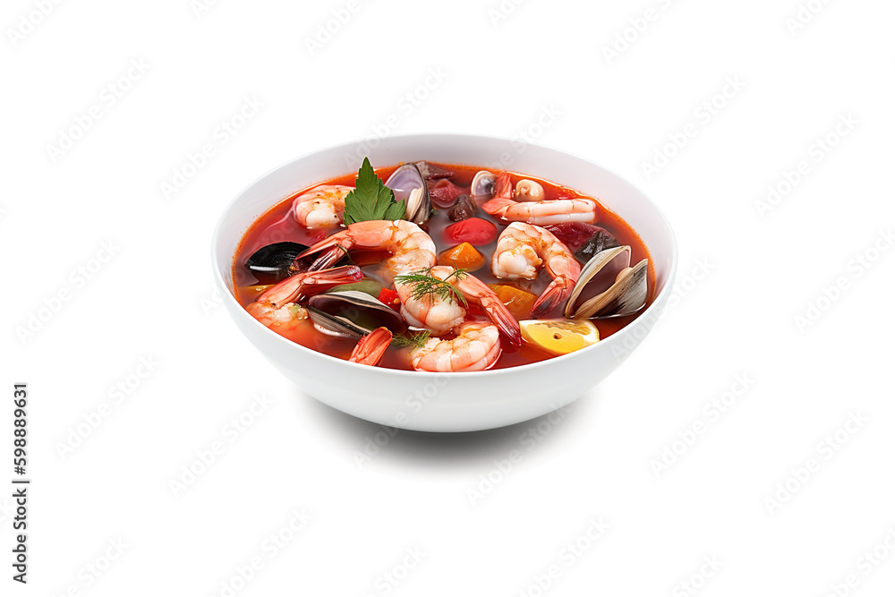 Delicious a bowl of Thai soup Tom Yam Kung with shrimps and clams isolated on white background. Created with Generative AI Technology Delicious a bowl of Thai soup Tom Yam Kung with shrimps and clams isolated on white background. Created with Generative AI Technology