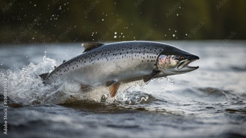 large wild atlantic salmon leaping on water Generative AI large wild atlantic salmon leaping on water Generative AI