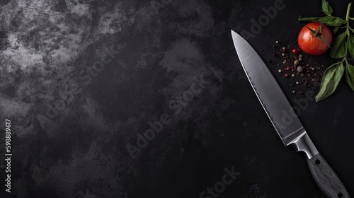 Kitchen old knife on a black stone table. Top view. Generative AI
