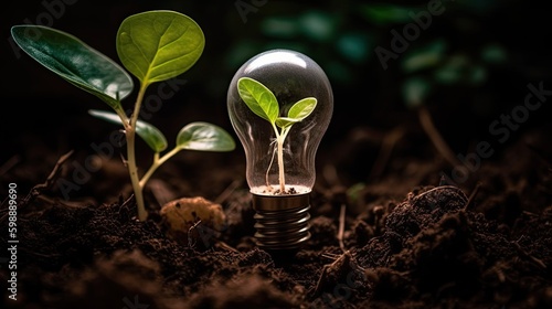 led light with young plant on soil. Concept saving energy Generative AI