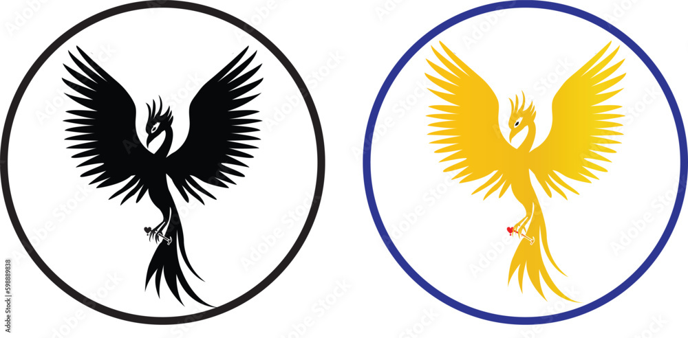 Fototapeta premium logo, logo with a phoenix in the centre of a circle holding a hammer in the right claw and a heart in the left, black color, golden color.