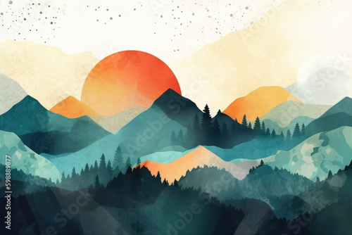 Minimalist Mountain Magic. A Peaceful Illustration of Colorful Mountains at Sunset with a Boho Twist. Abstract Serenity AI Generative.
