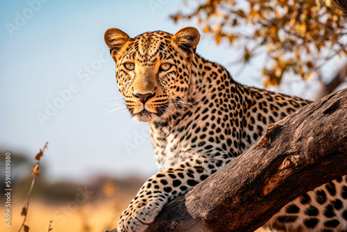 Beautiful leopard resting on top of a tree in Africa
