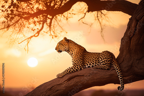 Beautiful leopard resting on top of a tree in Africa at sunset photo