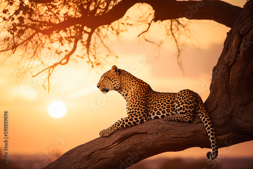 Beautiful leopard resting on top of a tree in Africa at sunset