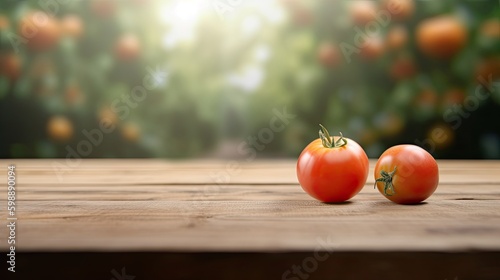 Mock Up Scene, rustic wooden table blurred background and tomatoes on the table Generative AI