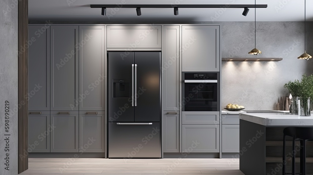 Modern fridge on light interior kitchen Generative AI - obrazy, fototapety, plakaty 