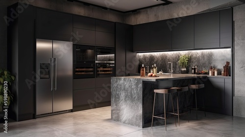 Modern fridge on grey kitchen Generative AI