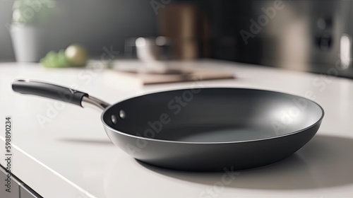 Modern frying pan on kitchen light interior Generative AI
