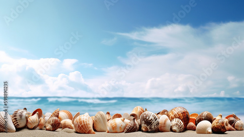 Seashells on the sand by the sea on a hot sunny day. Generative Ai
