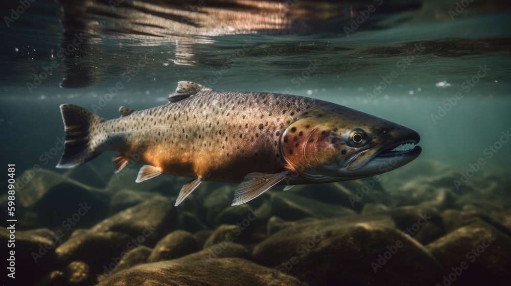 Salmon swimming against river current Generative AI Salmon swimming against river current Generative AI