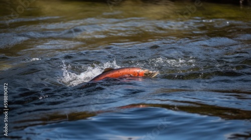 Salmon swimming against river current Generative AI © Sandris_ua