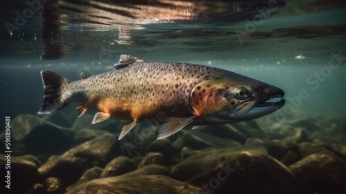 Salmon swimming against river current Generative AI