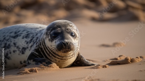 Seal pup on the beach as part of the seal colony at Horsey, Norfolk Generative AI