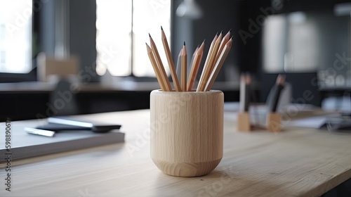 Pencil cup on the wooden table in modern business office Generative AI