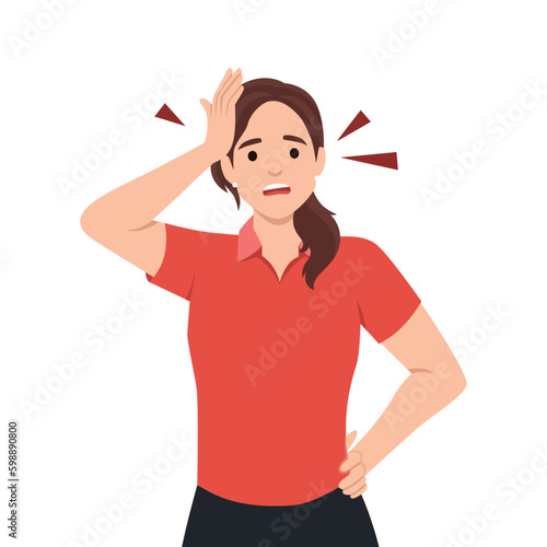 woman surprised with hand on head for mistake, woman forgot something with hand on her head.