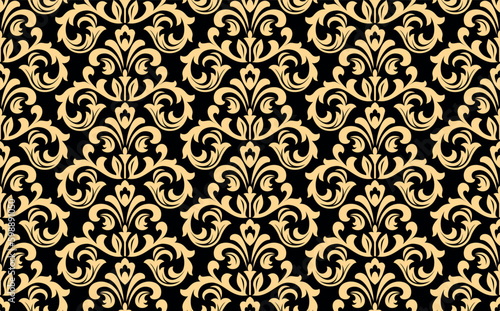 Wallpaper in the style of Baroque. Seamless vector background. Gold and black floral ornament. Graphic pattern for fabric, wallpaper, packaging. Ornate Damask flower ornament