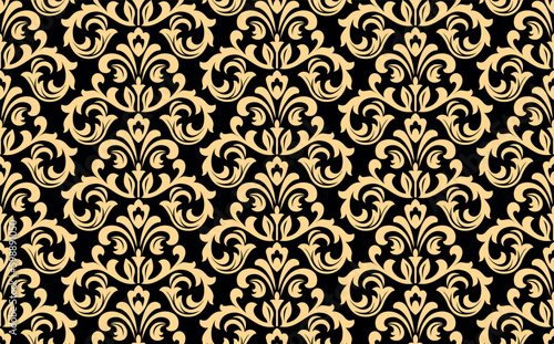 Wallpaper in the style of Baroque. Seamless vector background. Gold and black floral ornament. Graphic pattern for fabric, wallpaper, packaging. Ornate Damask flower ornament