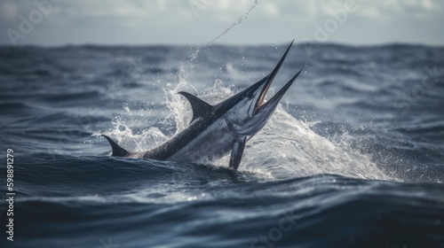 Fotografiet swordfish jumping in the water Generative AI