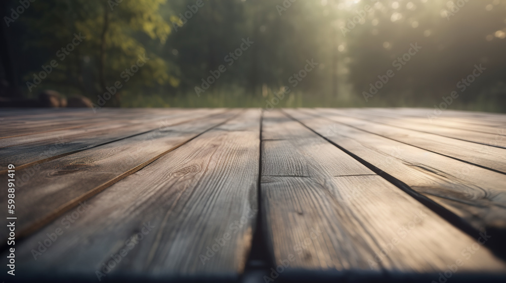 Wooden podium from boards for product advertising, sunny day in forest outdoors. Close-up, low angle view, selective focus. Generative AI Wooden podium from boards for product advertising, sunny day in forest outdoors. Close-up, low angle view, selective focus. Generative AI