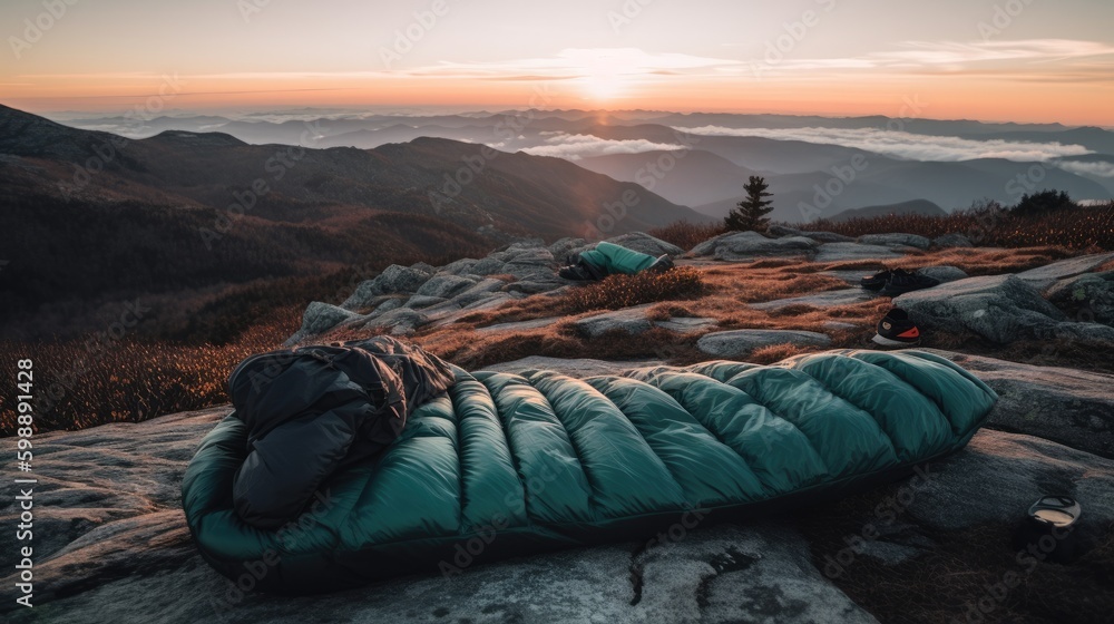 sleeping bag out on top of a mountain Generative AI